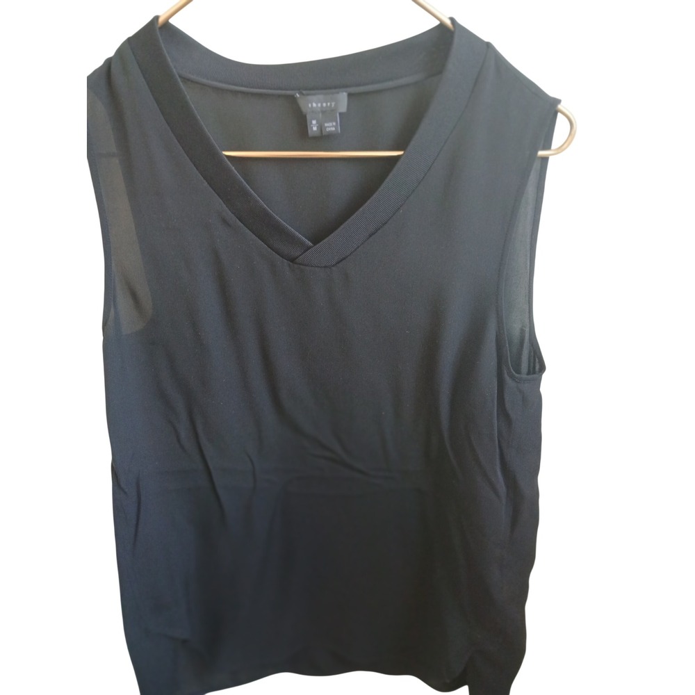 Theory Black Sleeveless V Neck Sheer Overlay Silk Blend Top‎ Womens M